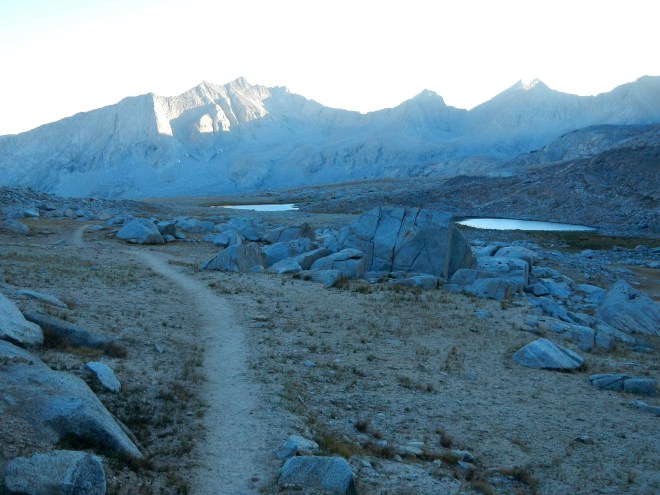 Evening falls as we descend to the upper tarns.