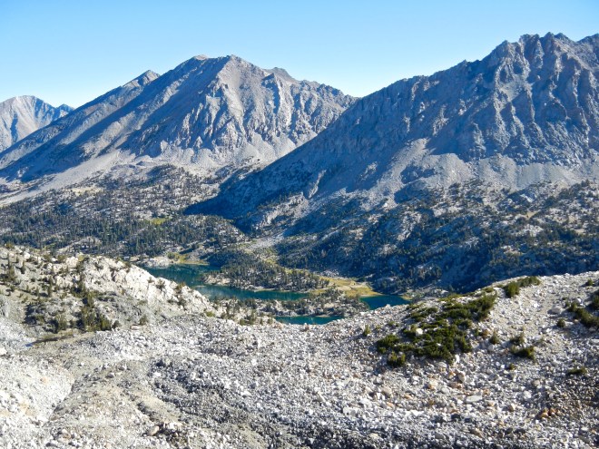 The view back down to Rae Lakes, from somewhere on the climb to the pass.
