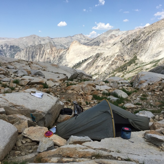 My little tent site above Precipice. Up here, one is usually sleeping on hard granite. So a sleeping pad that won't stay inflated is a real problem. Grrrr.