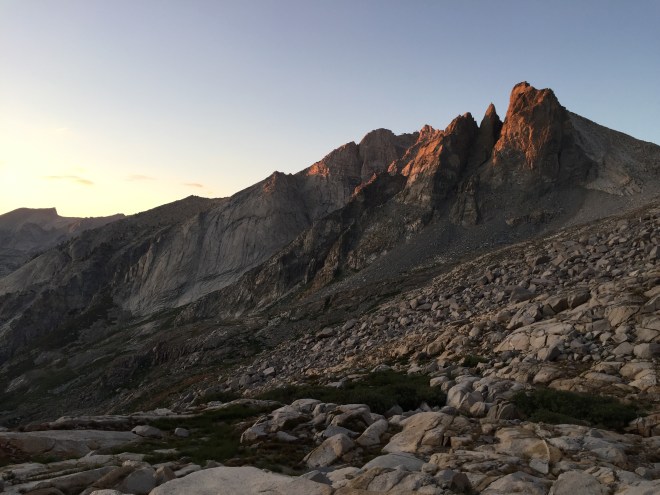 Last of the sunlight on the peaks above Precipice.